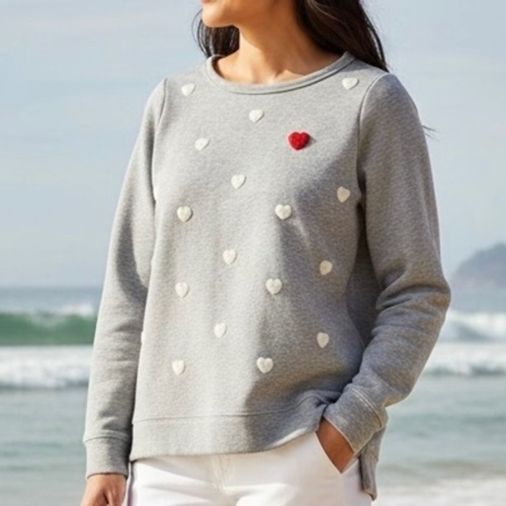 Talbots Gray Heart Embroidered French Terry Sweatshirt Sz SP Heathered Gray Soft
